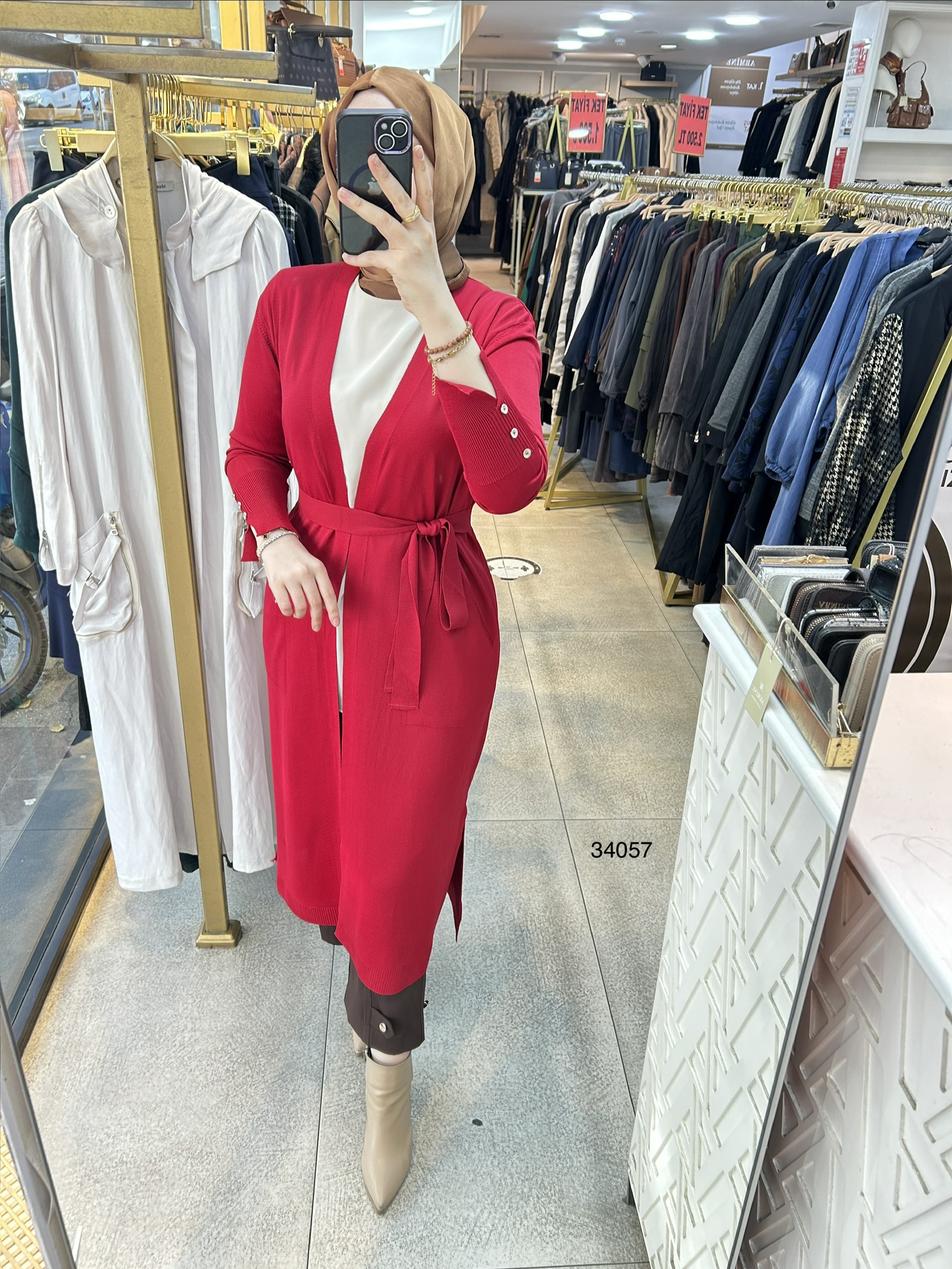 34057 Kol Kısmı Düğmeli Kemerli Hırka - Görsel 8