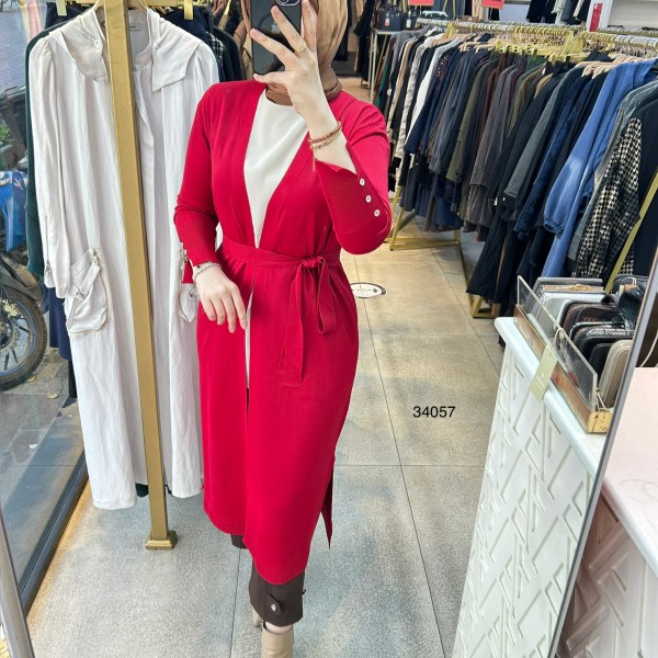 34057 Kol Kısmı Düğmeli Kemerli Hırka - Görsel 14