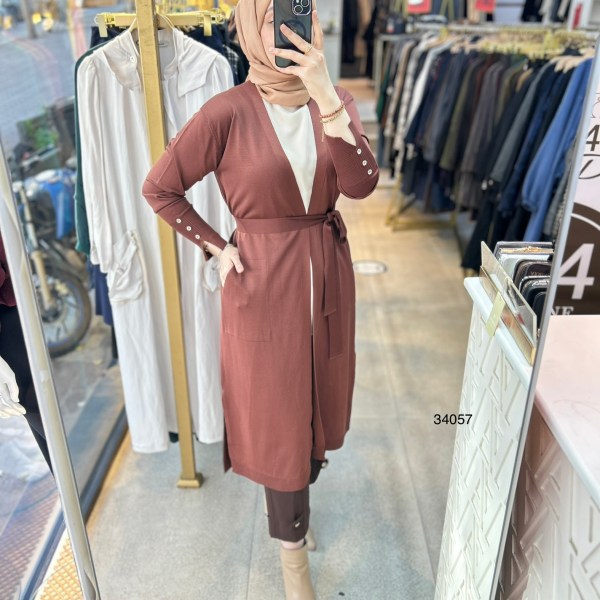 34057 Kol Kısmı Düğmeli Kemerli Hırka - Görsel 3