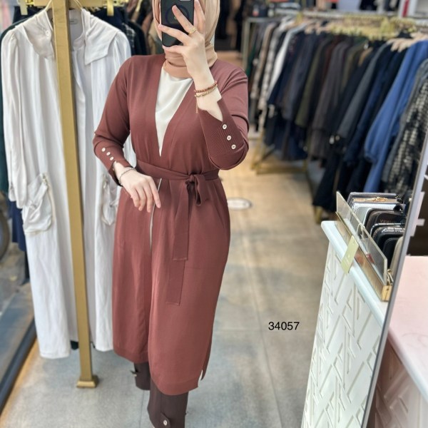 34057 Kol Kısmı Düğmeli Kemerli Hırka - Görsel 2