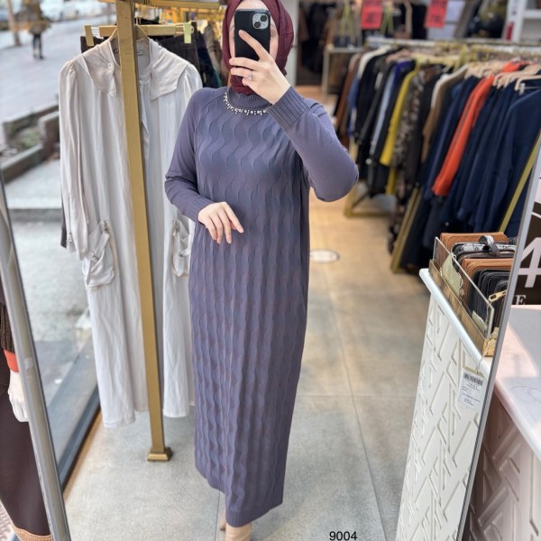 9004 Yakası Taşlı Merserize Elbise - Görsel 15