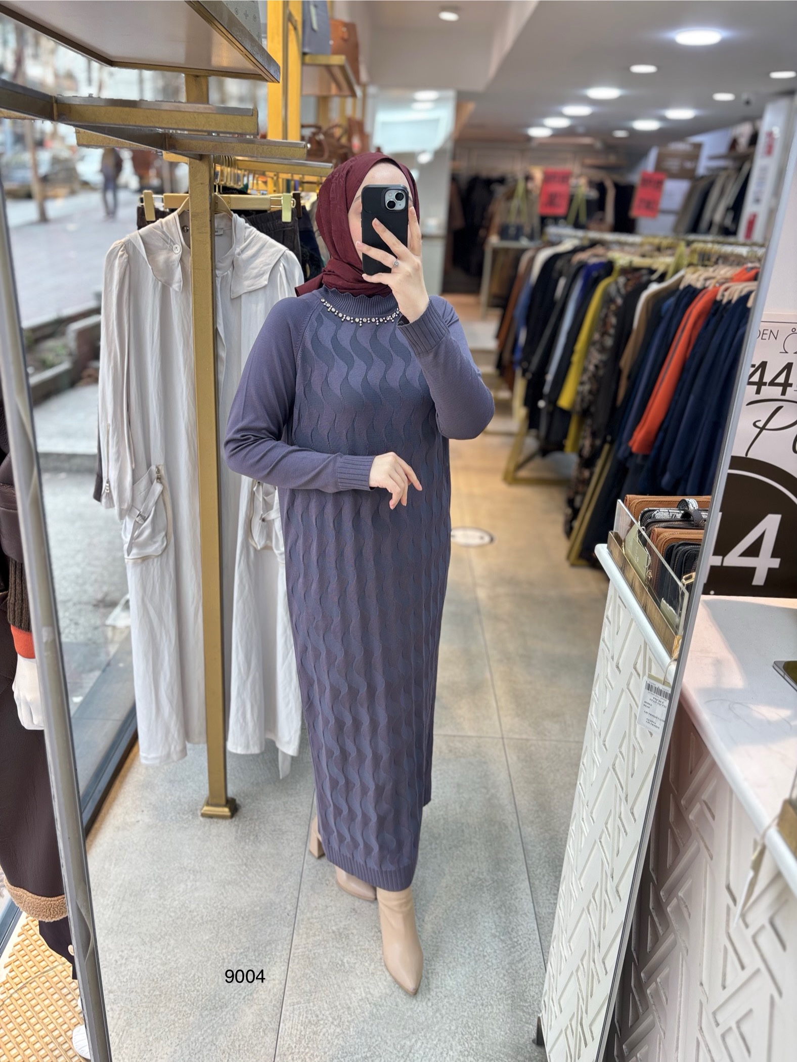 9004 Yakası Taşlı Merserize Elbise - Görsel 9