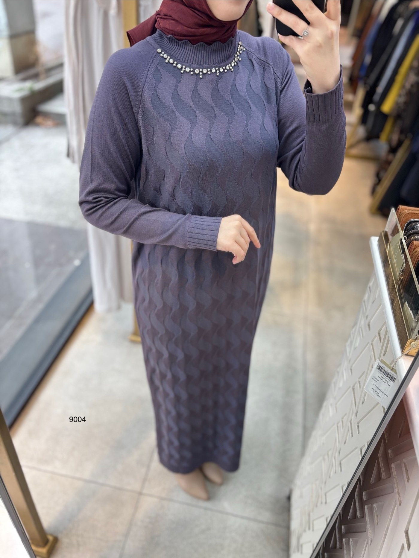 9004 Yakası Taşlı Merserize Elbise