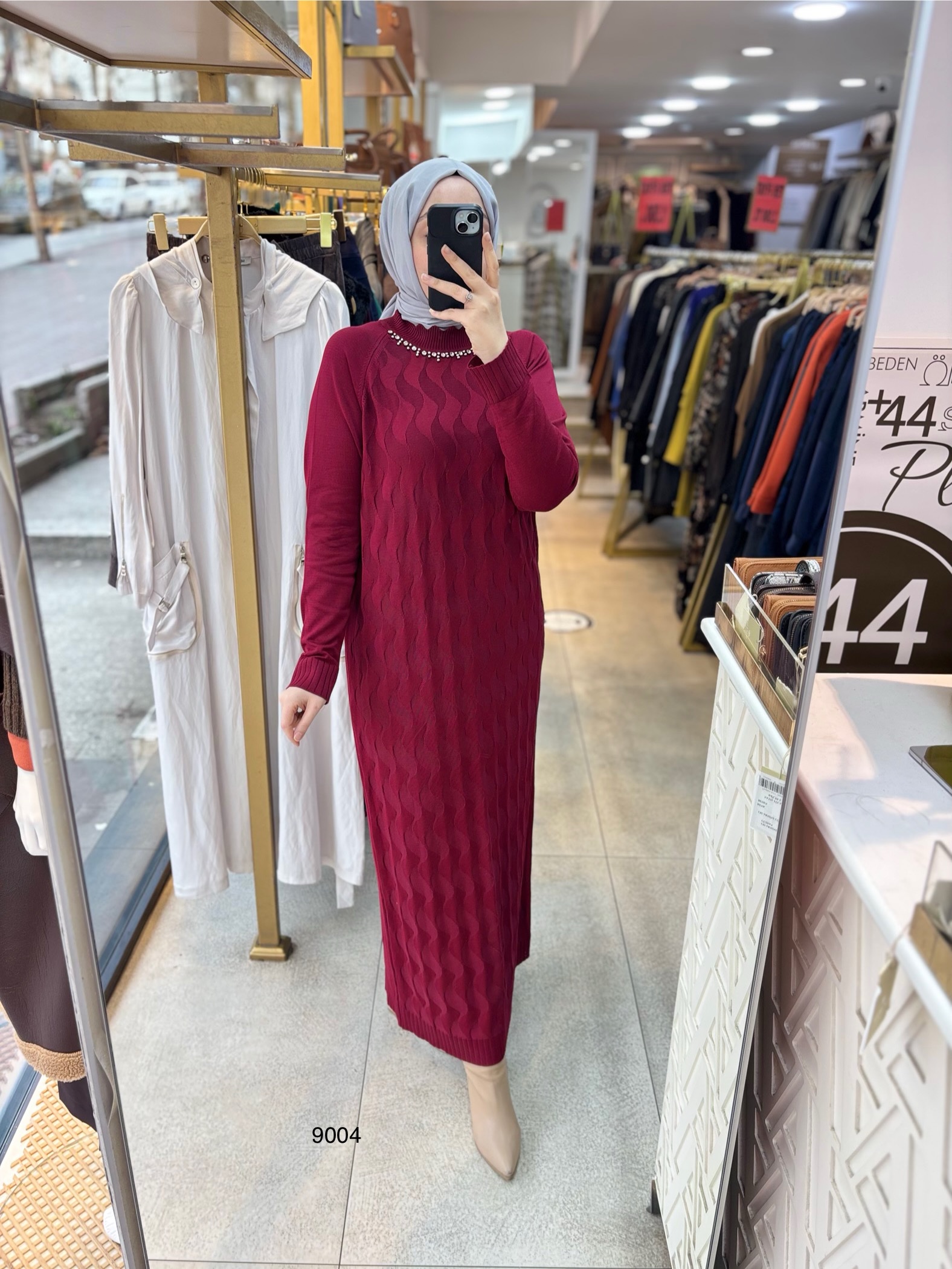 9004 Yakası Taşlı Merserize Elbise - Görsel 14