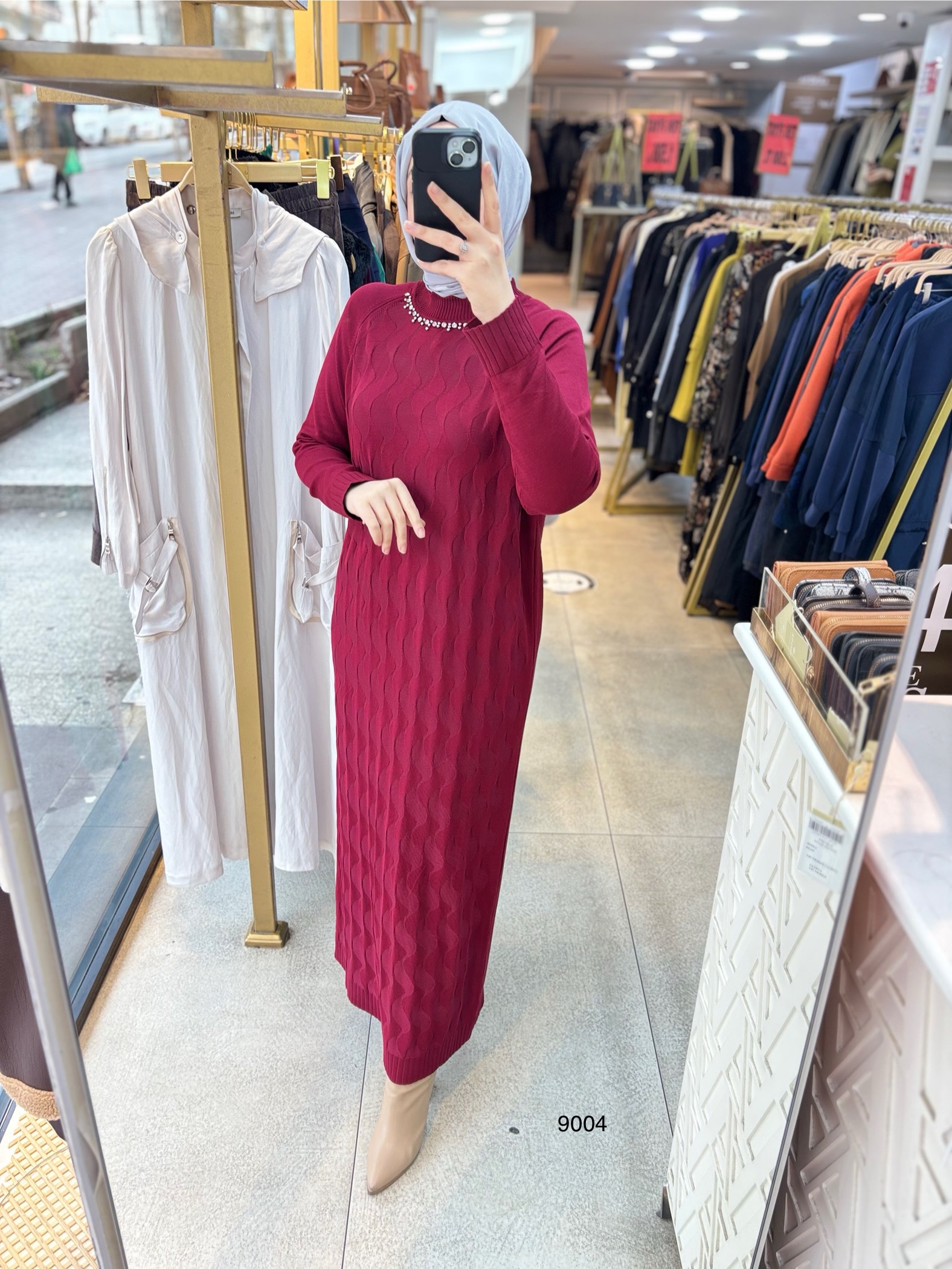 9004 Yakası Taşlı Merserize Elbise - Görsel 5