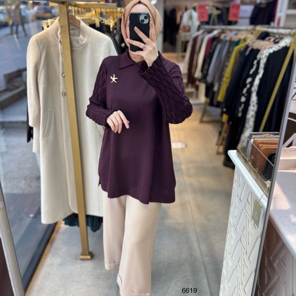 6619 Gömlek Yaka Broş Detaylı Merserize Tunik - Görsel 5