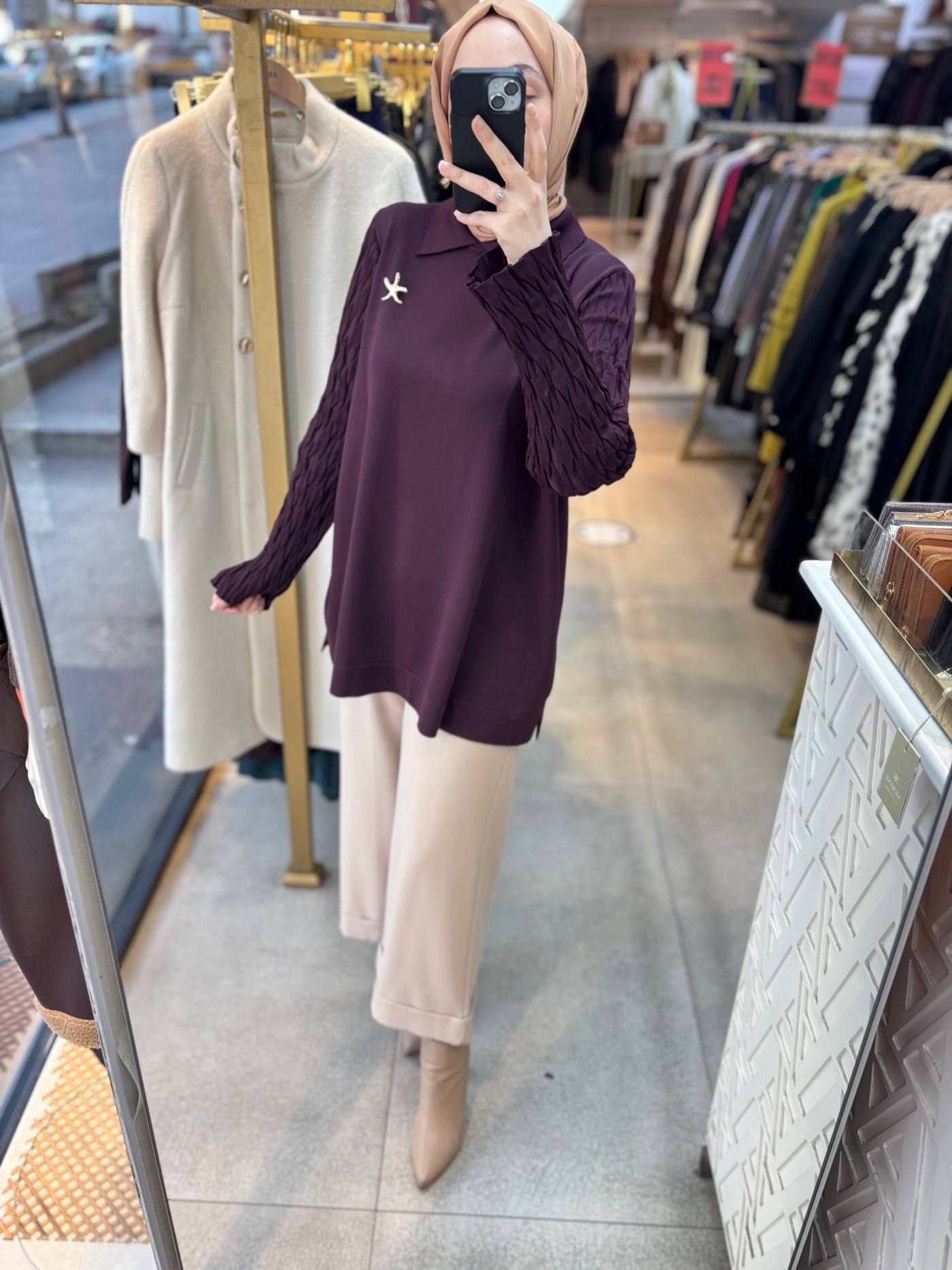 6619 Gömlek Yaka Broş Detaylı Merserize Tunik