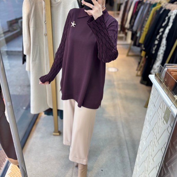 6619 Gömlek Yaka Broş Detaylı Merserize Tunik - Görsel 3