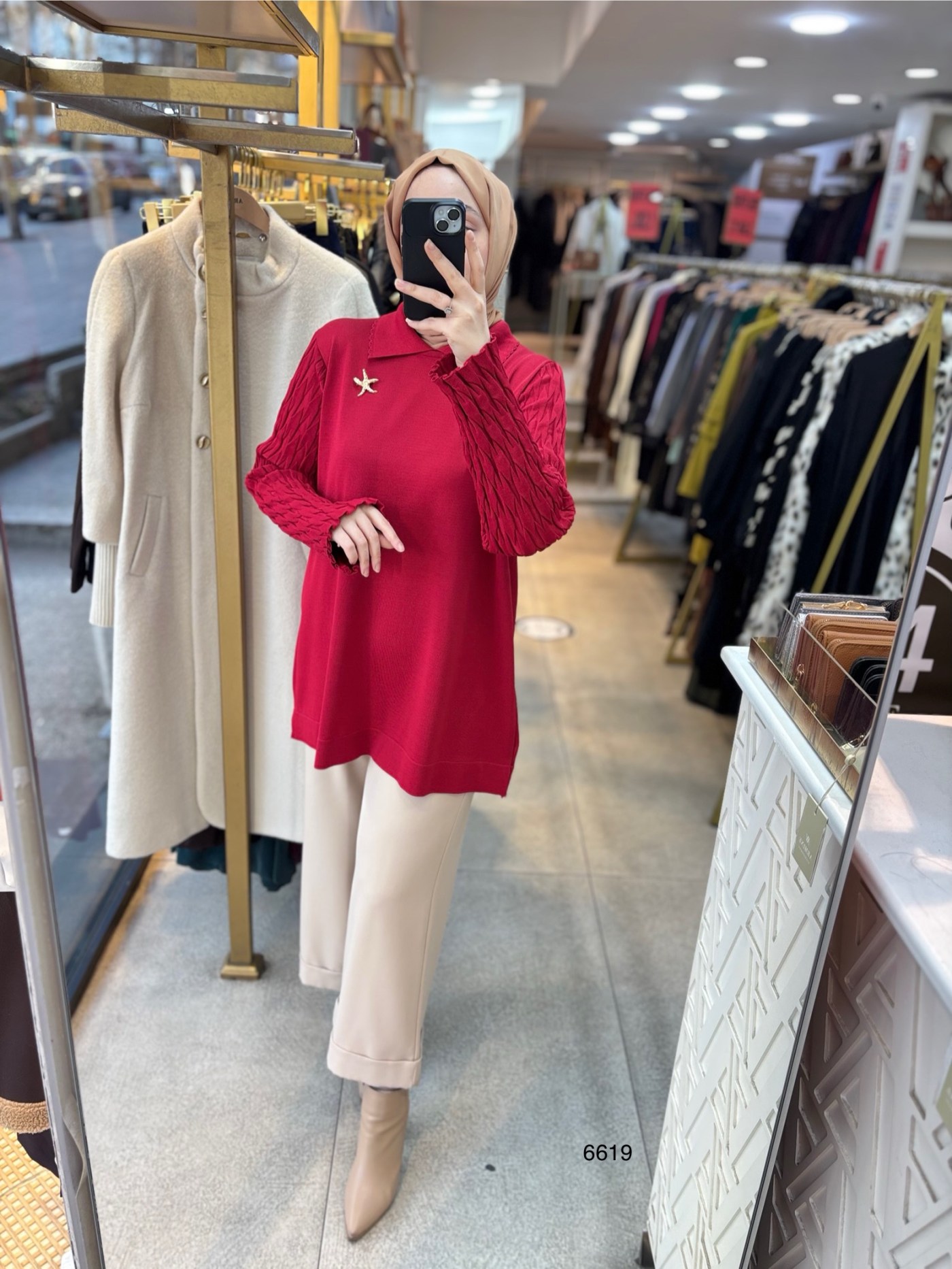 6619 Gömlek Yaka Broş Detaylı Merserize Tunik