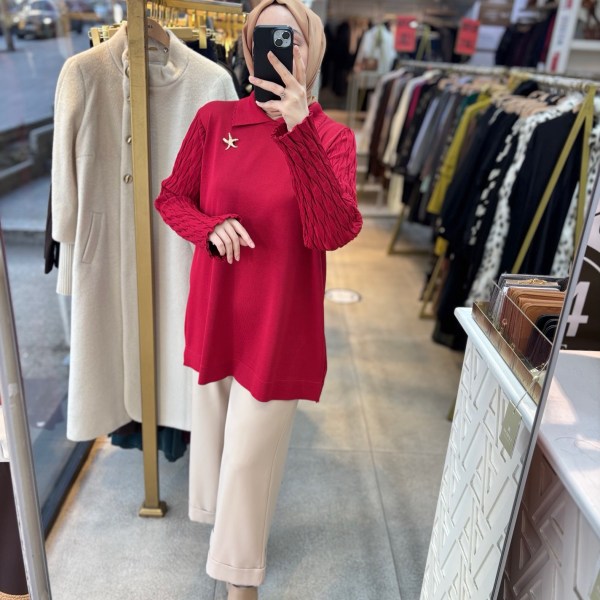 6619 Gömlek Yaka Broş Detaylı Merserize Tunik - Görsel 2