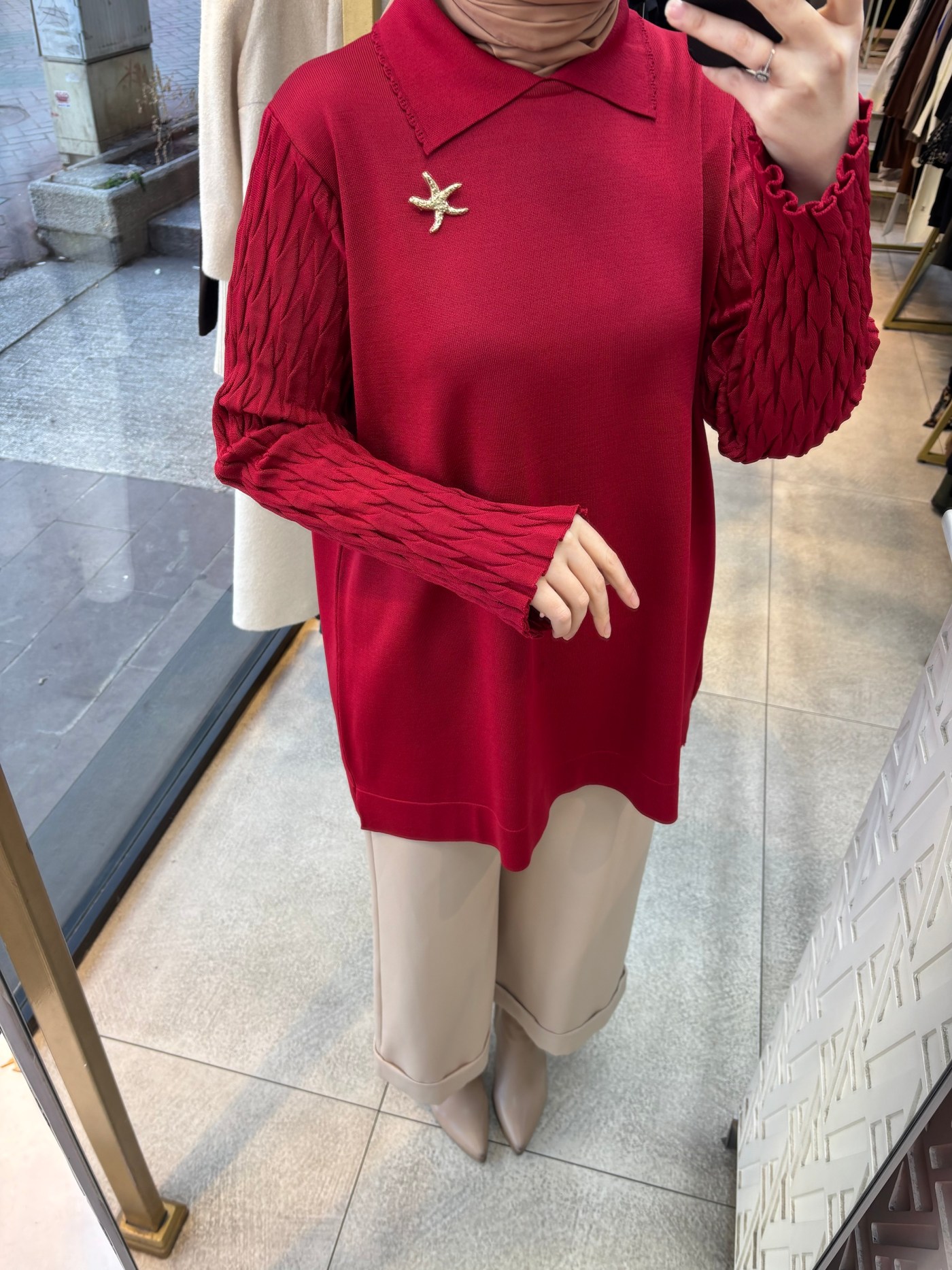 6619 Gömlek Yaka Broş Detaylı Merserize Tunik