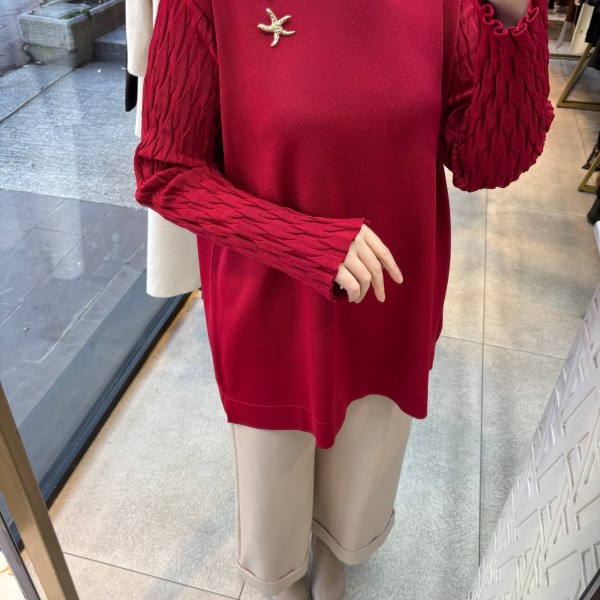 6619 Gömlek Yaka Broş Detaylı Merserize Tunik - Görsel 12