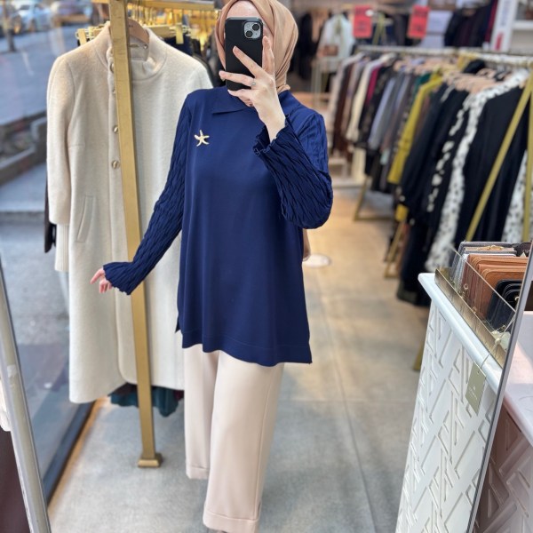 6619 Gömlek Yaka Broş Detaylı Merserize Tunik - Görsel 9