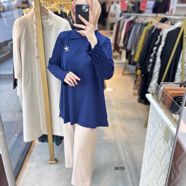 6619 Gömlek Yaka Broş Detaylı Merserize Tunik - Görsel 14