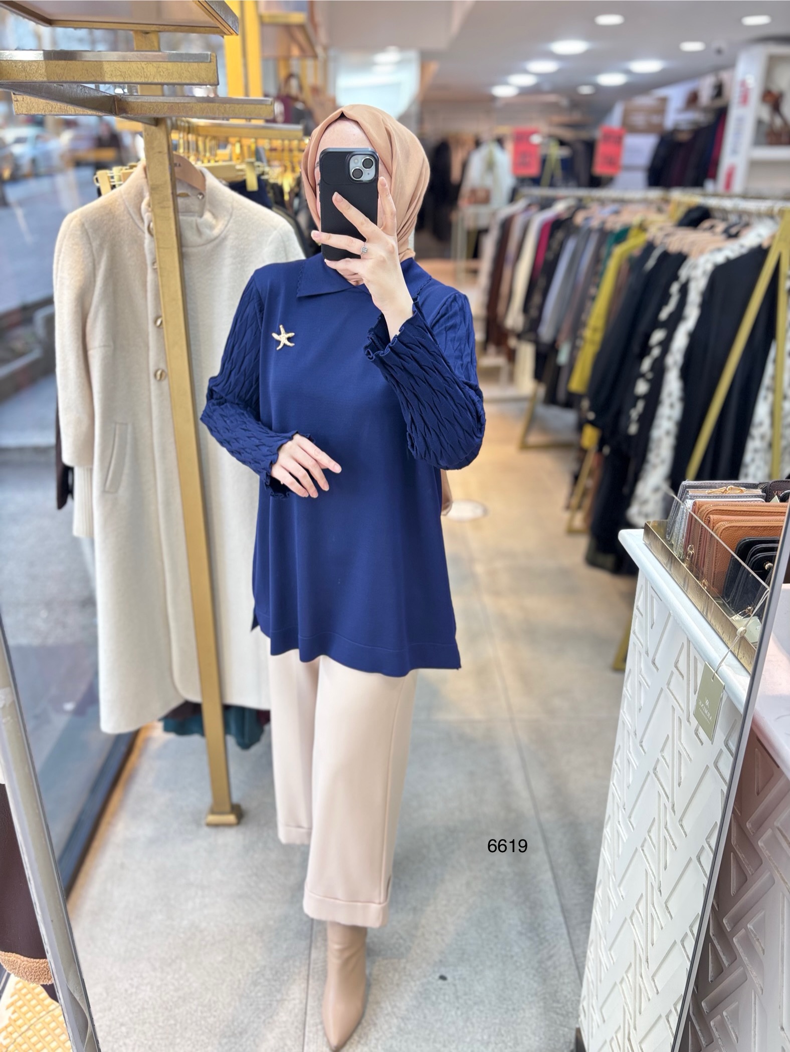 6619 Gömlek Yaka Broş Detaylı Merserize Tunik - Görsel 14