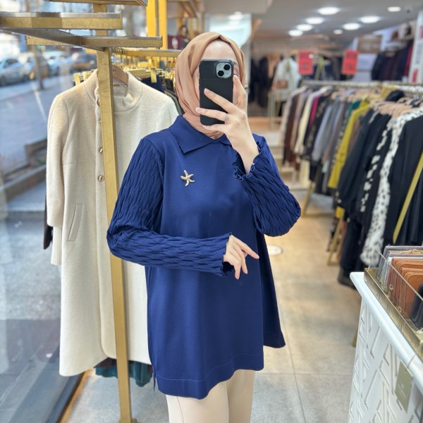 6619 Gömlek Yaka Broş Detaylı Merserize Tunik - Görsel 11