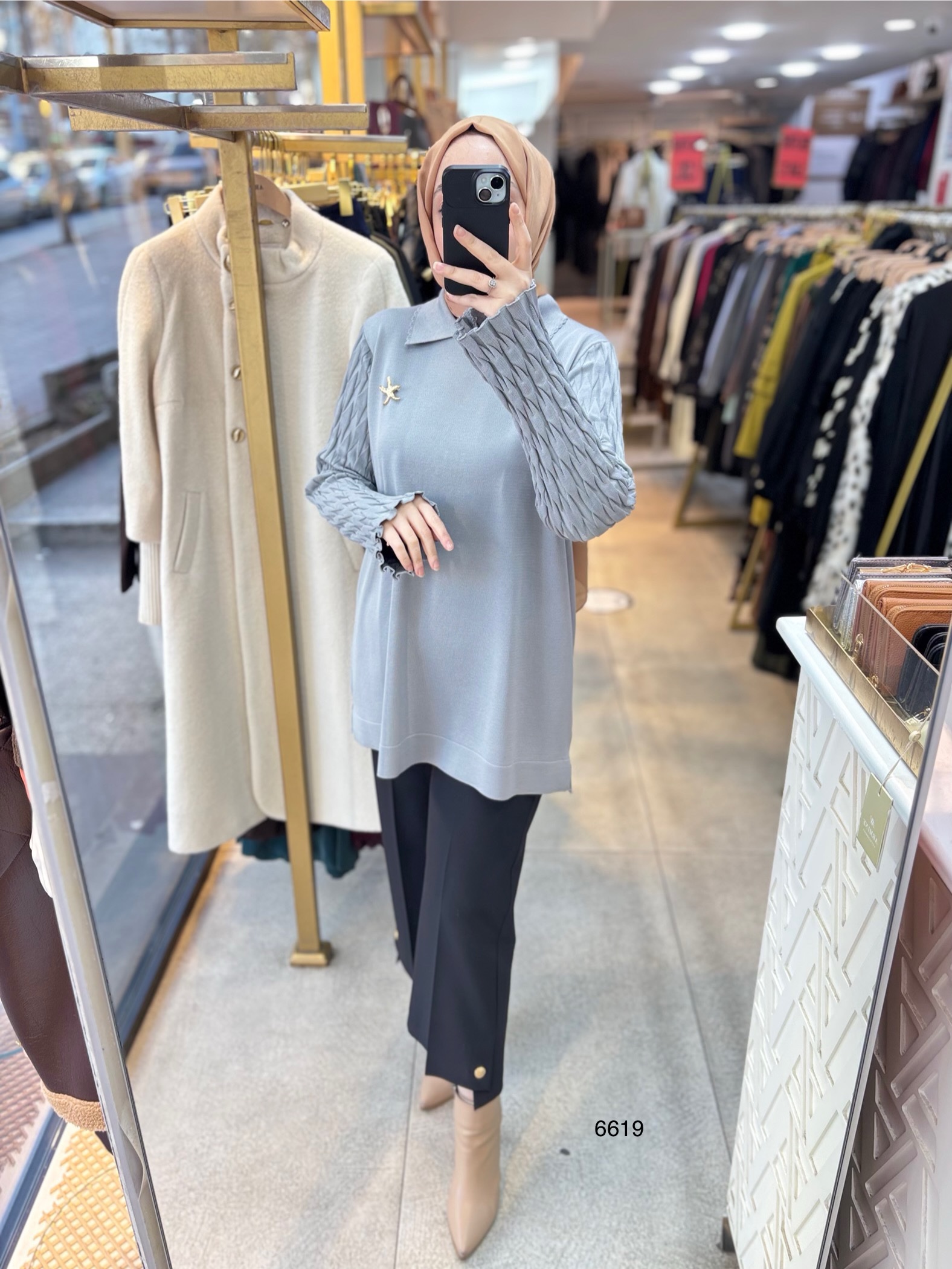 6619 Gömlek Yaka Broş Detaylı Merserize Tunik - Görsel 8