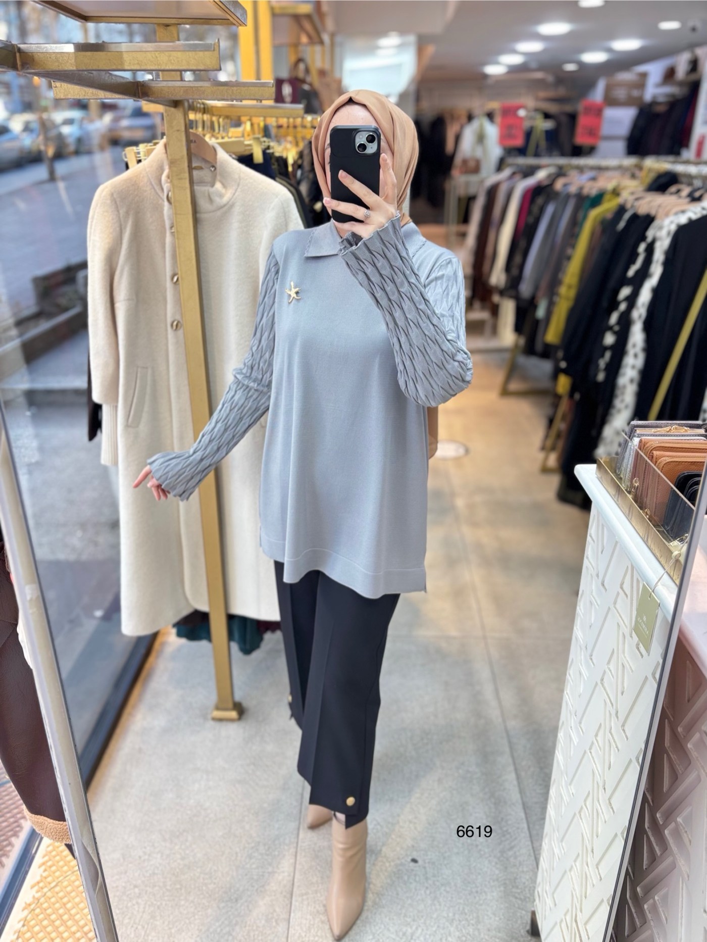 6619 Gömlek Yaka Broş Detaylı Merserize Tunik