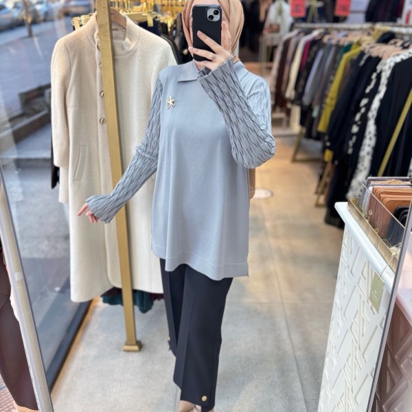 6619 Gömlek Yaka Broş Detaylı Merserize Tunik - Görsel 13