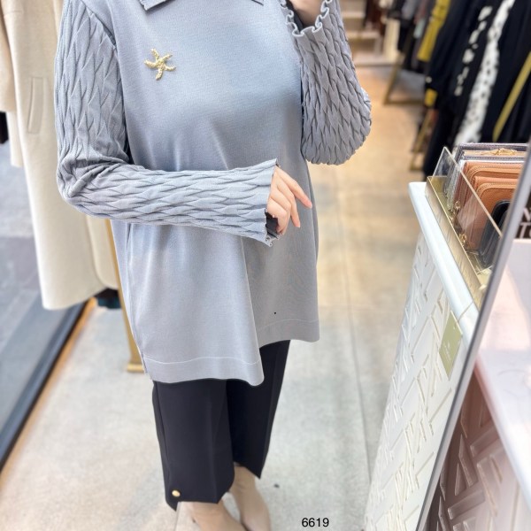 6619 Gömlek Yaka Broş Detaylı Merserize Tunik - Görsel 7