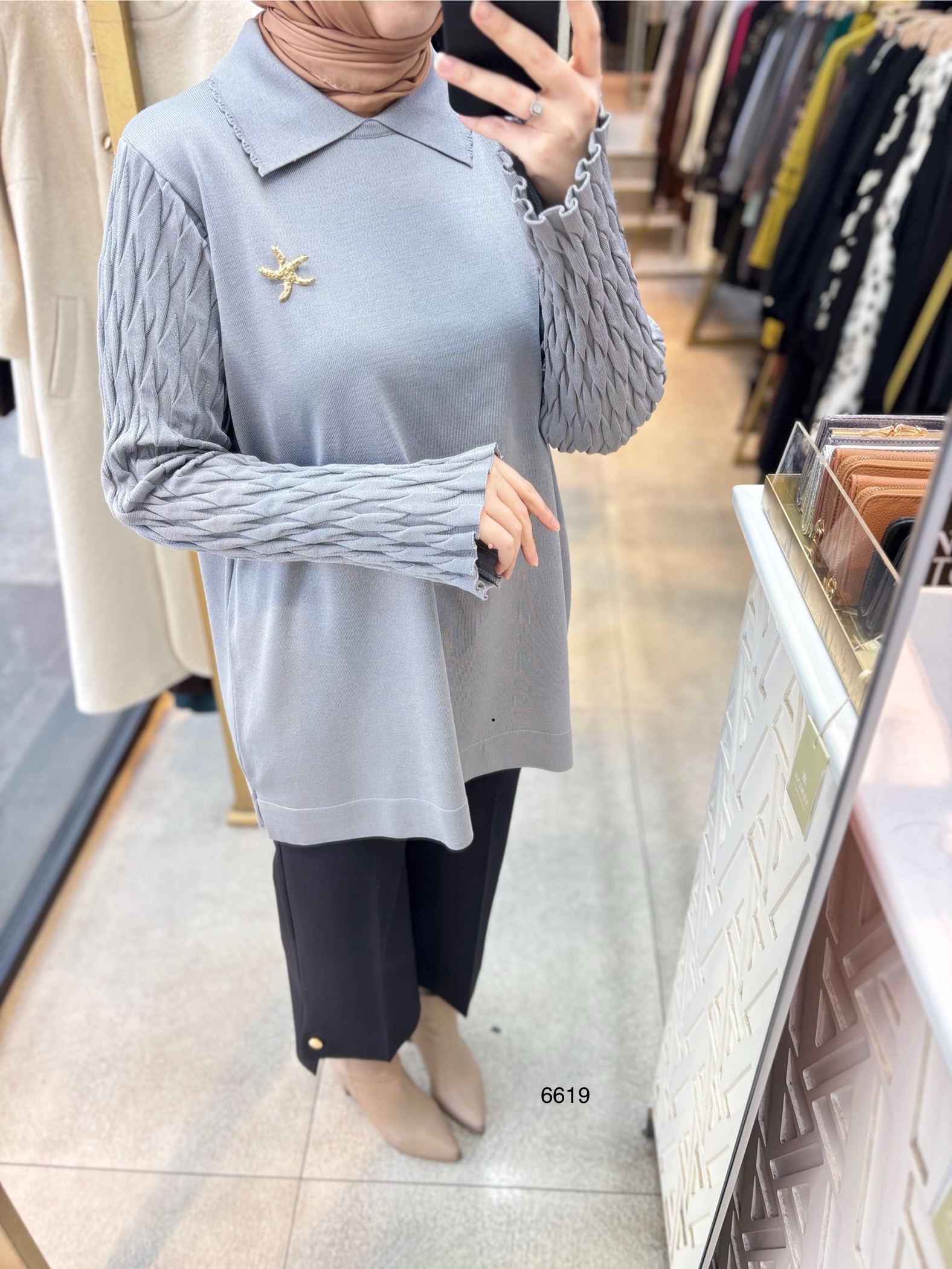 6619 Gömlek Yaka Broş Detaylı Merserize Tunik - Görsel 7