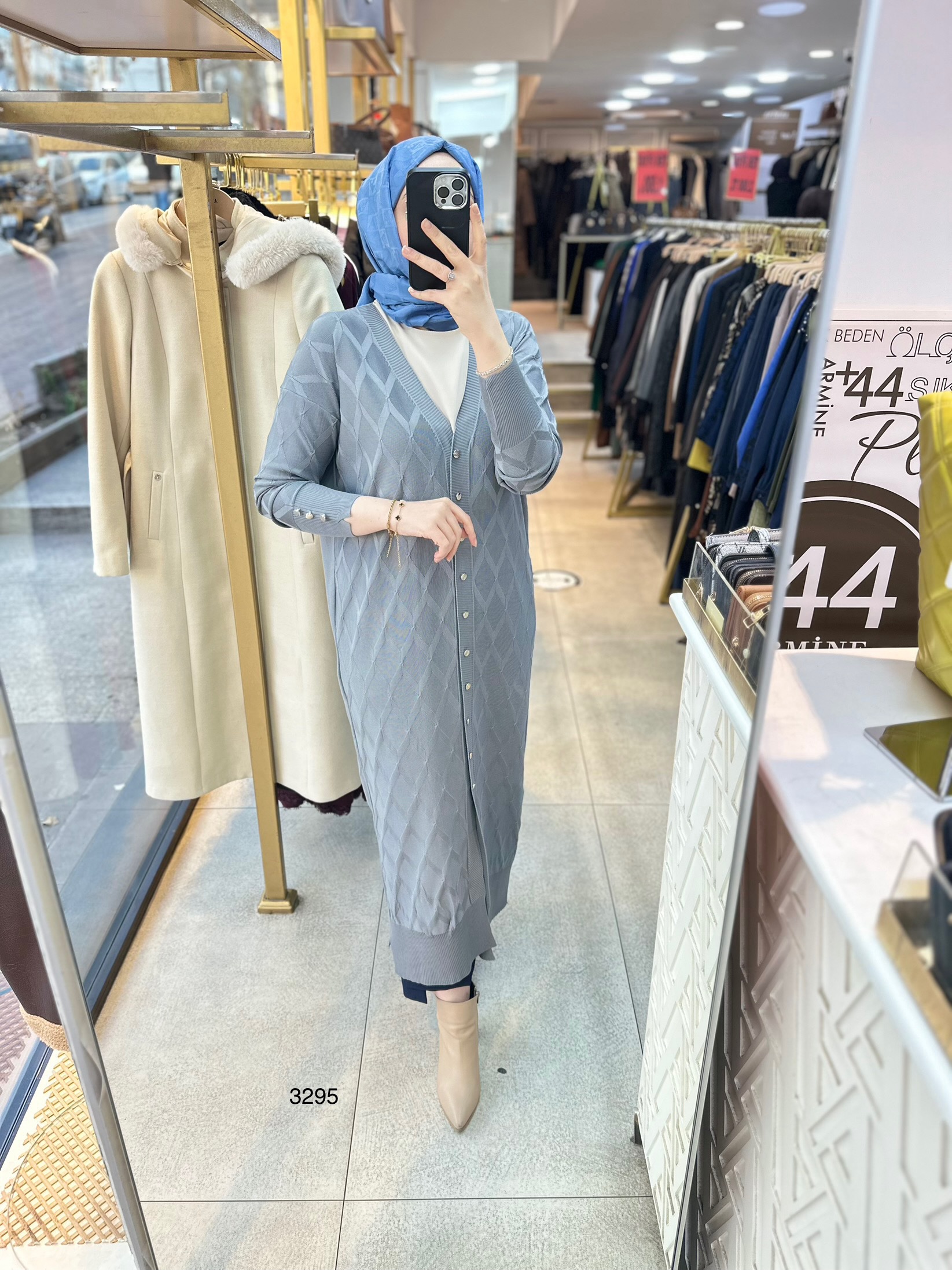 3295 Baklava Desenli Uzun Hırka - Görsel 13