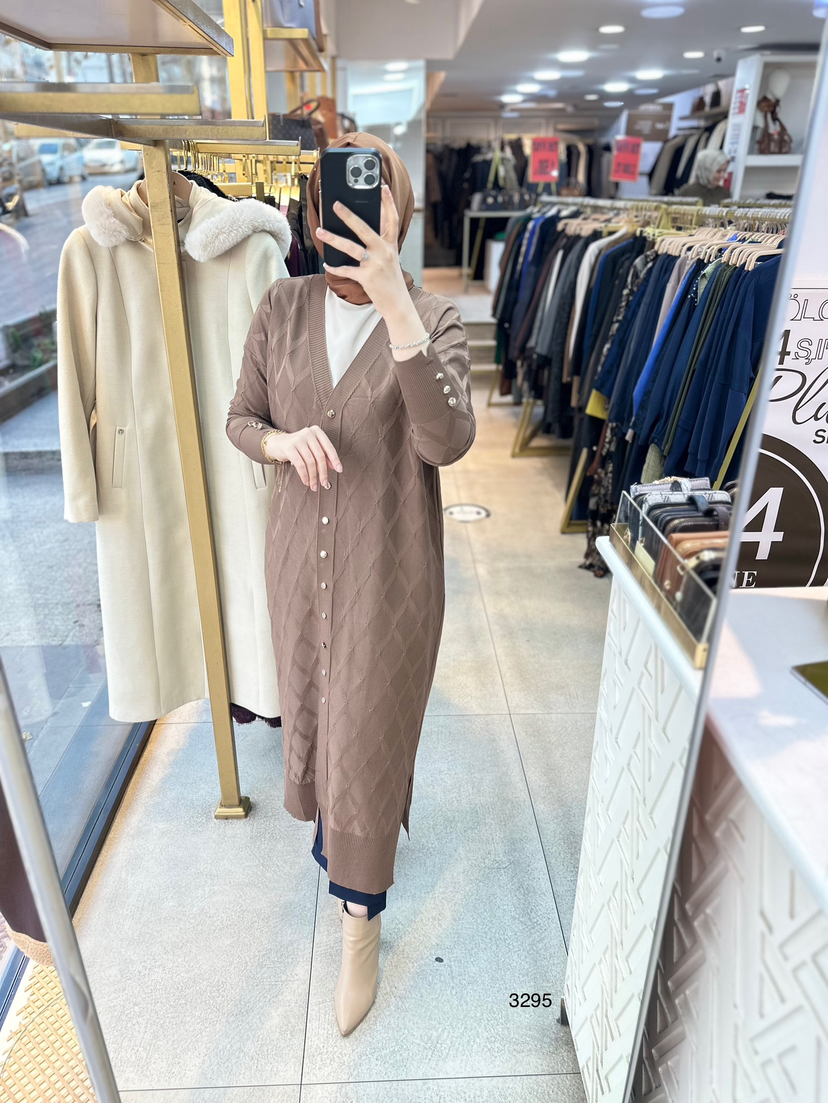 3295 Baklava Desenli Uzun Hırka - Görsel 11