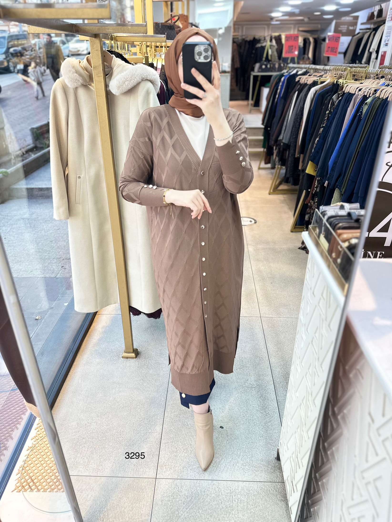 3295 Baklava Desenli Uzun Hırka - Görsel 9