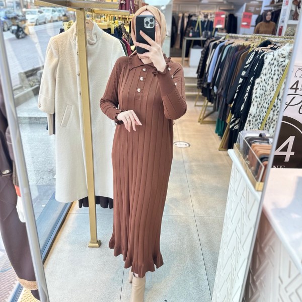 9002 Düğme Yakalı Düğme Detaylı Merserize Elbise - Görsel 8