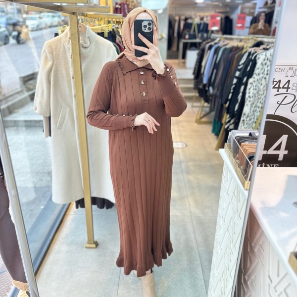 9002 Düğme Yakalı Düğme Detaylı Merserize Elbise - Görsel 7