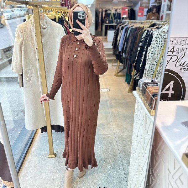 9002 Düğme Yakalı Düğme Detaylı Merserize Elbise - Görsel 12