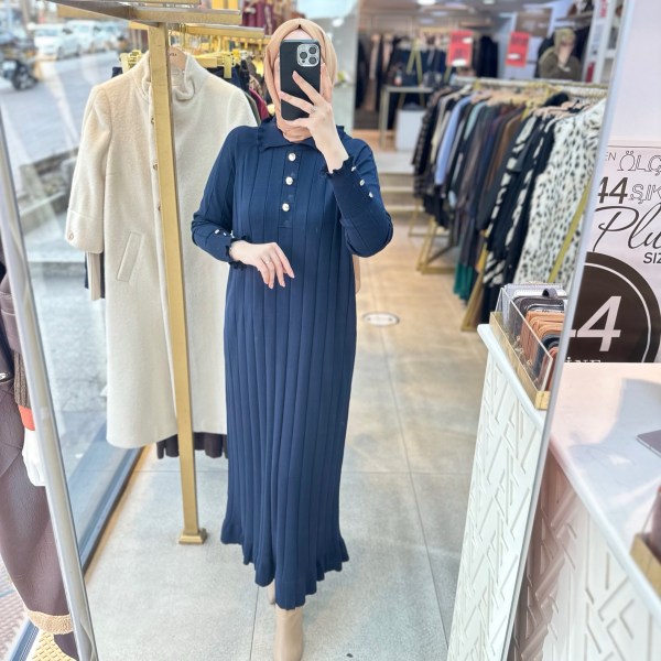 9002 Düğme Yakalı Düğme Detaylı Merserize Elbise - Görsel 4