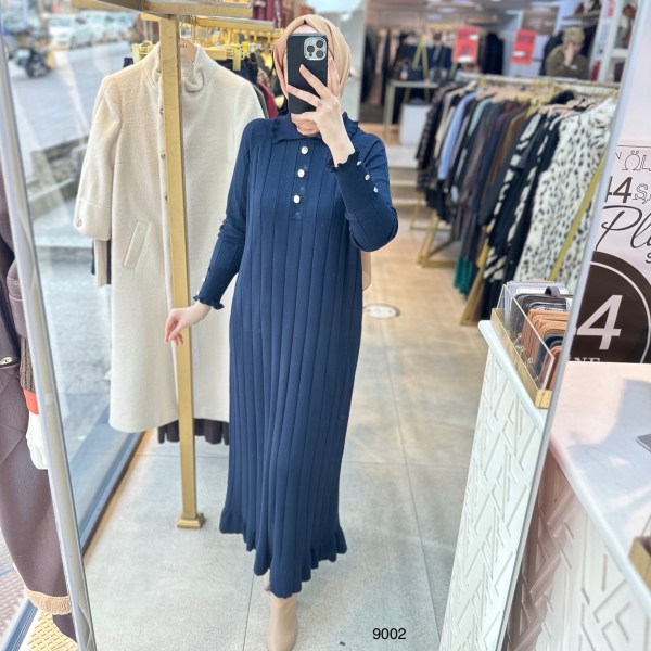 9002 Düğme Yakalı Düğme Detaylı Merserize Elbise - Görsel 5