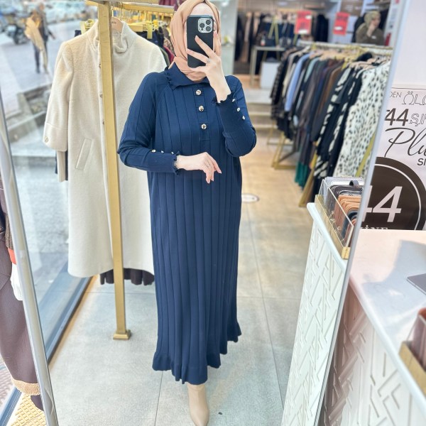 9002 Düğme Yakalı Düğme Detaylı Merserize Elbise - Görsel 6