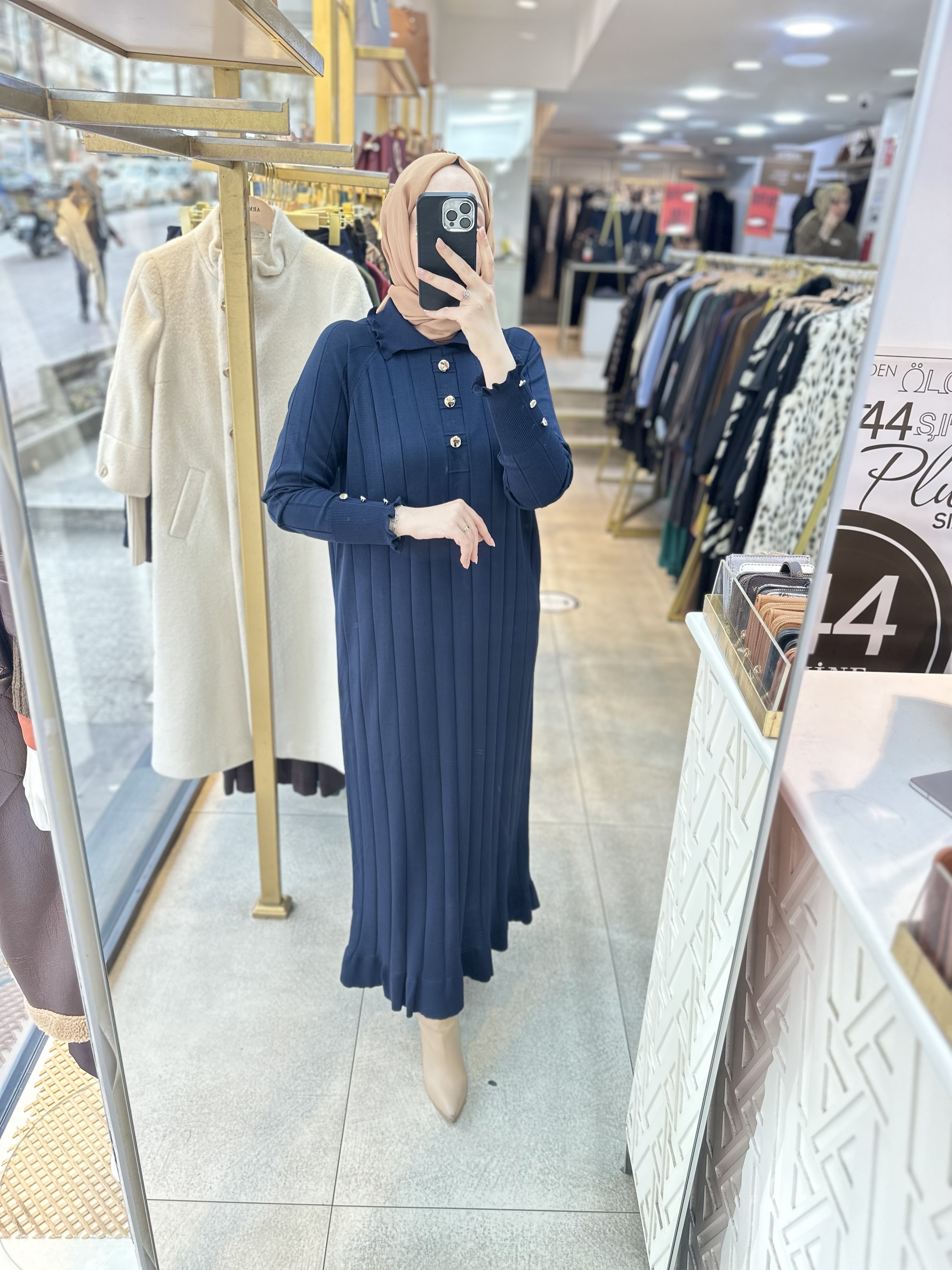 9002 Düğme Yakalı Düğme Detaylı Merserize Elbise - Görsel 6