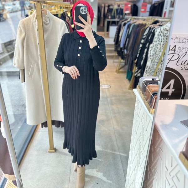 9002 Düğme Yakalı Düğme Detaylı Merserize Elbise - Görsel 13