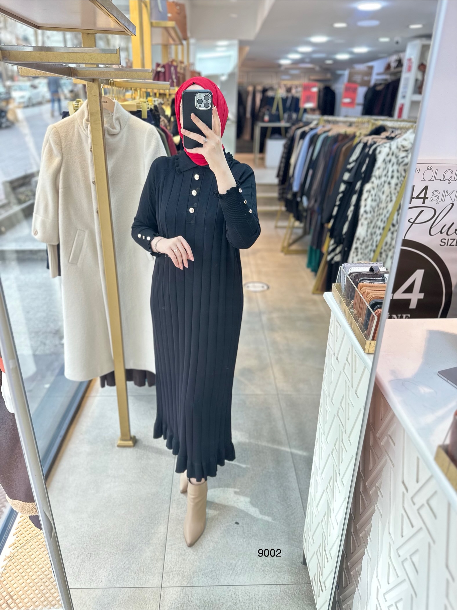 9002 Düğme Yakalı Düğme Detaylı Merserize Elbise - Görsel 10