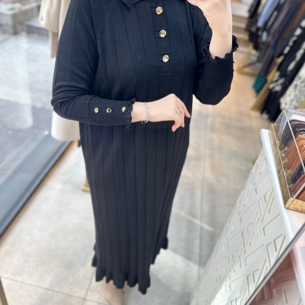 9002 Düğme Yakalı Düğme Detaylı Merserize Elbise - Görsel 11