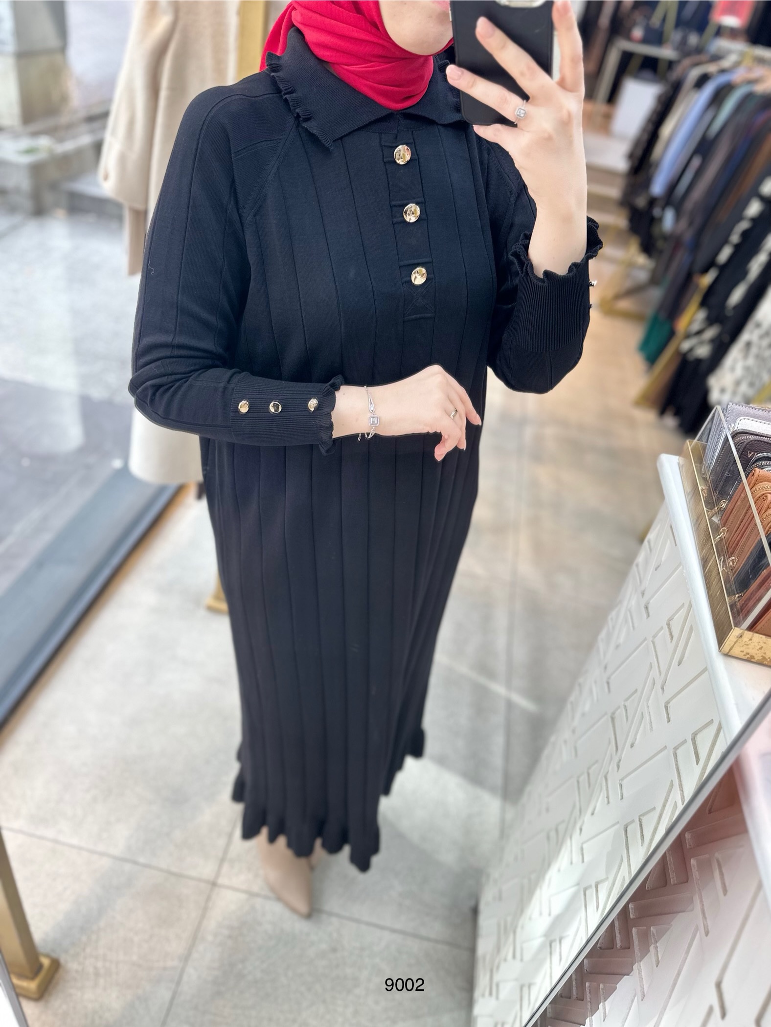 9002 Düğme Yakalı Düğme Detaylı Merserize Elbise - Görsel 11