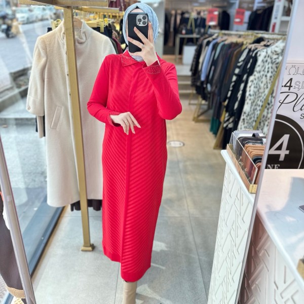 9006 Yakası Taşlı Merserize Elbise - Görsel 13