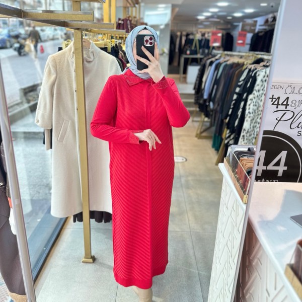 9006 Yakası Taşlı Merserize Elbise - Görsel 12