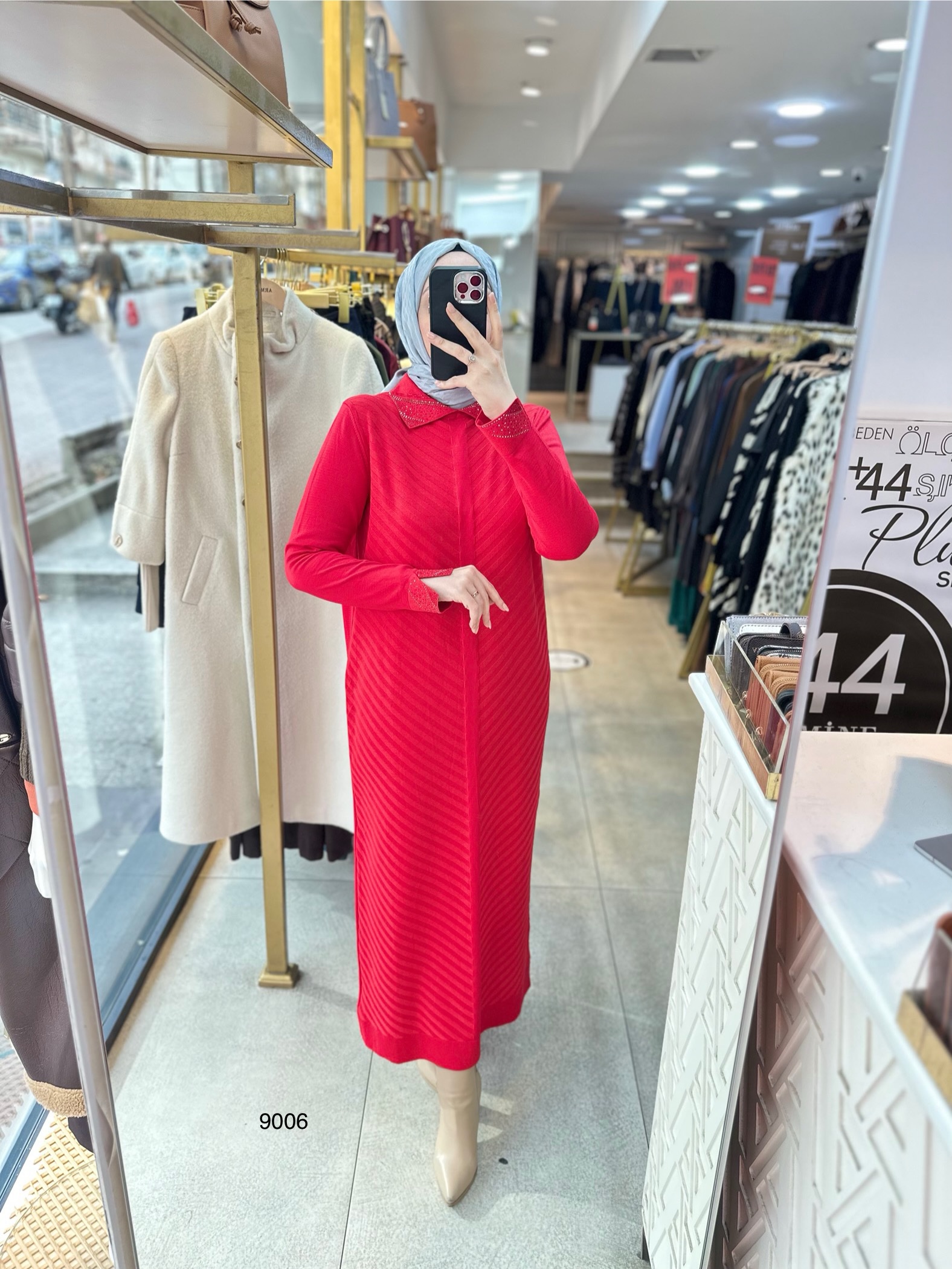 9006 Yakası Taşlı Merserize Elbise - Görsel 12