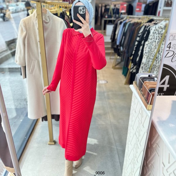 9006 Yakası Taşlı Merserize Elbise - Görsel 11