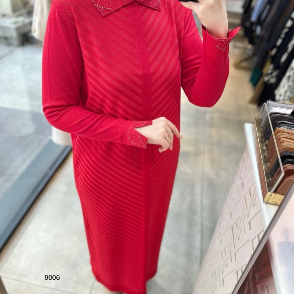 9006 Yakası Taşlı Merserize Elbise - Görsel 14