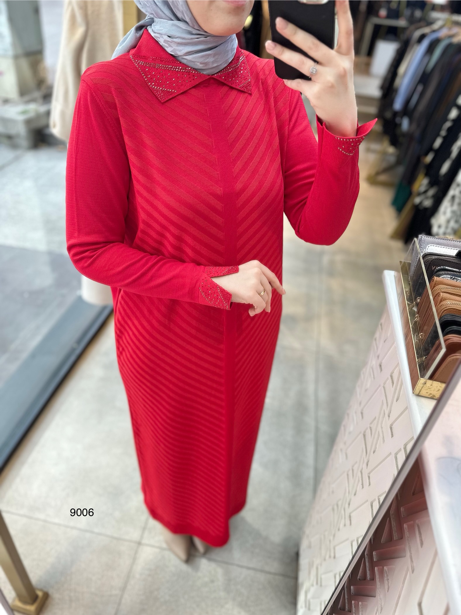 9006 Yakası Taşlı Merserize Elbise - Görsel 14