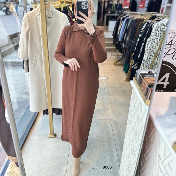 9006 Yakası Taşlı Merserize Elbise - Görsel 2