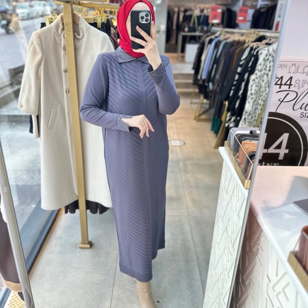 9006 Yakası Taşlı Merserize Elbise - Görsel 9