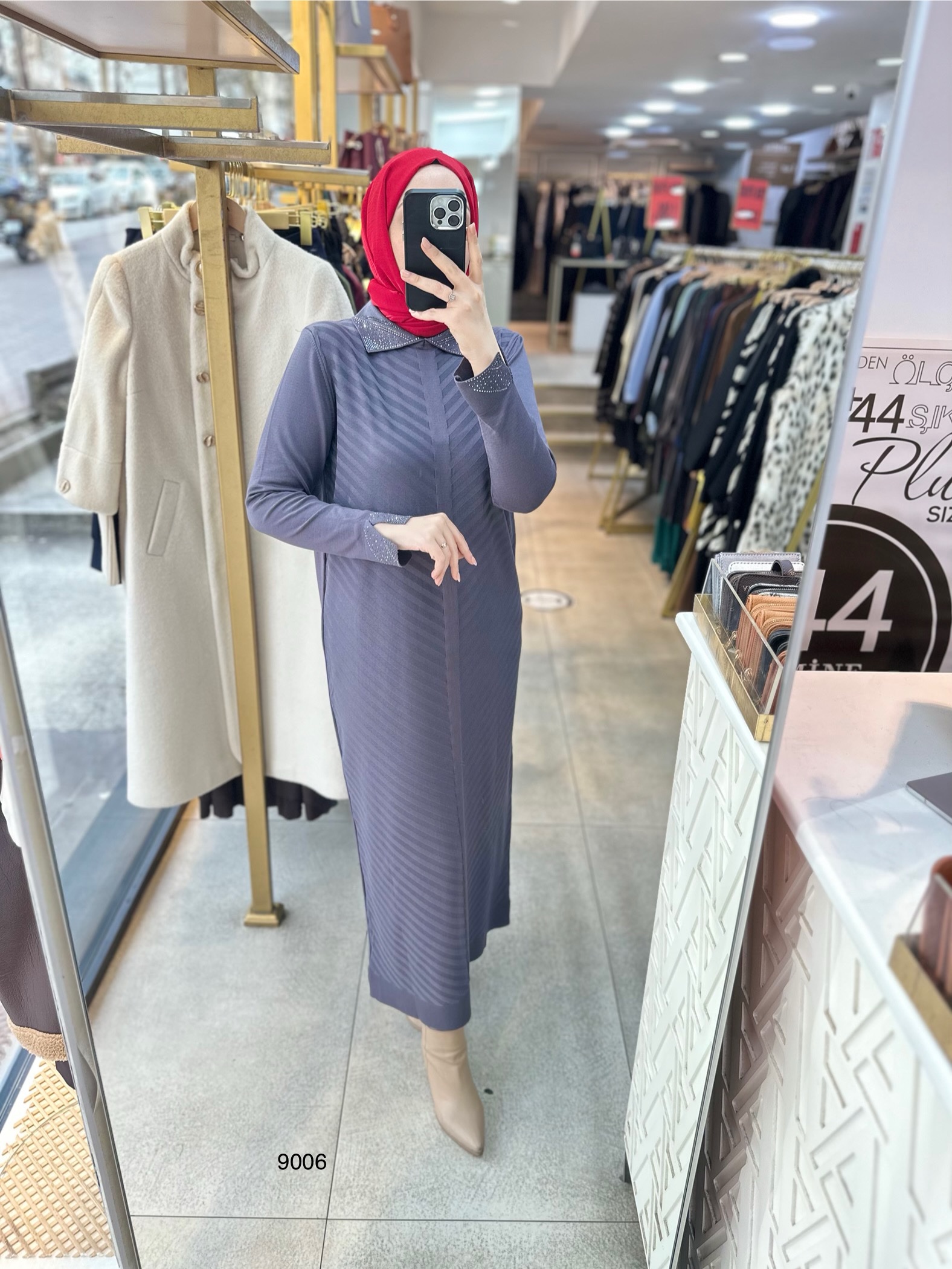 9006 Yakası Taşlı Merserize Elbise - Görsel 9