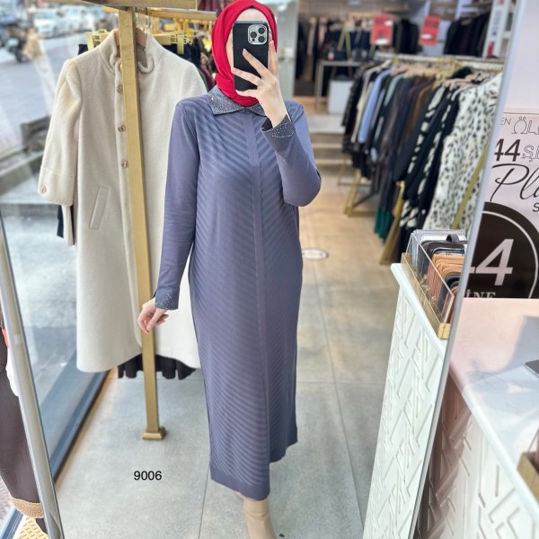 9006 Yakası Taşlı Merserize Elbise - Görsel 8