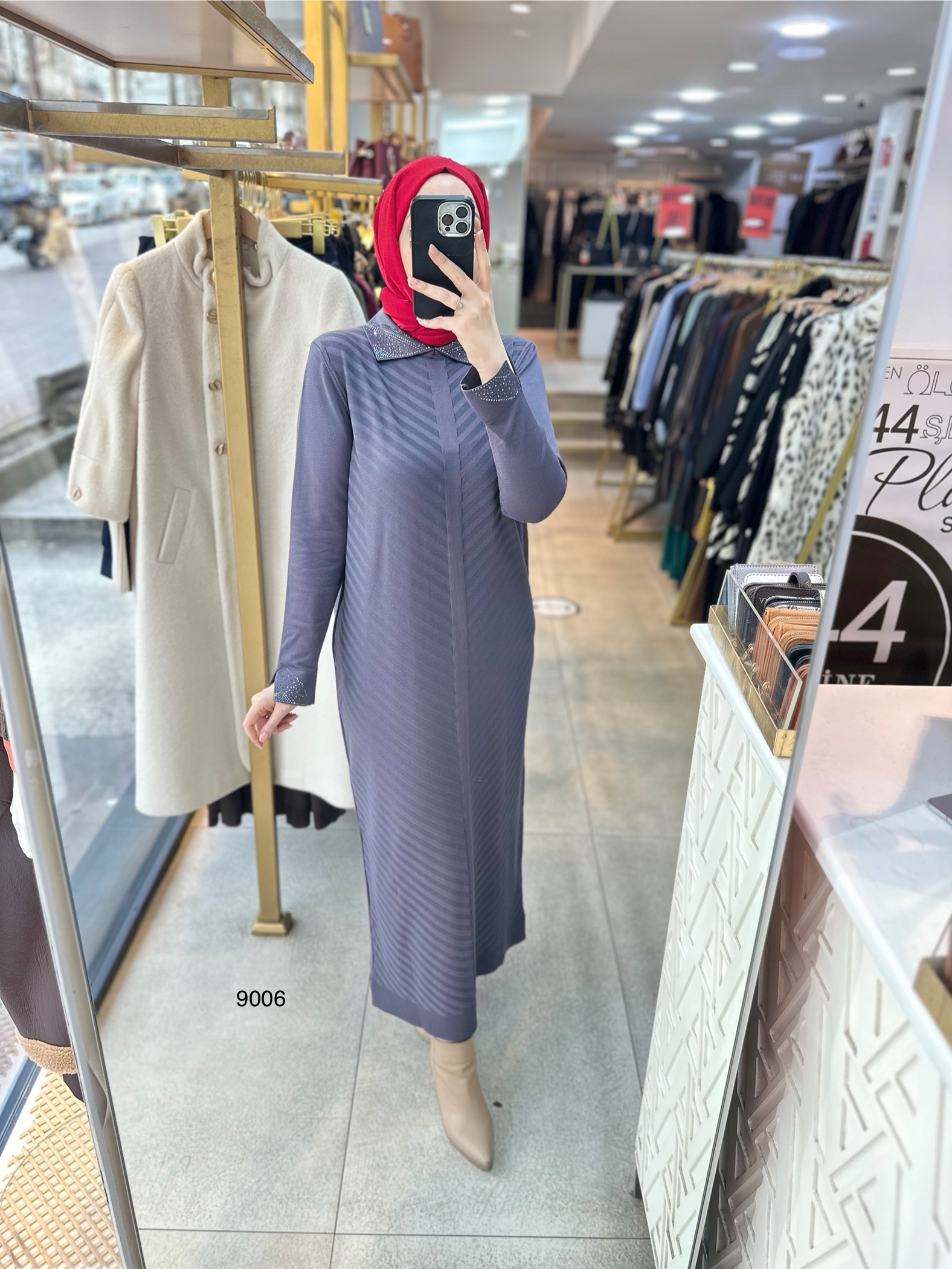 9006 Yakası Taşlı Merserize Elbise - Görsel 8